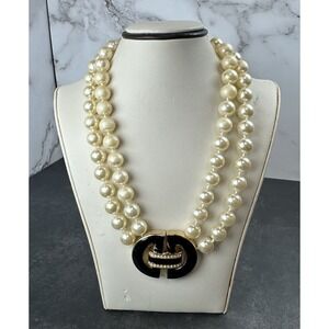 Vintage SAL Hallmark Gold Tone, Enamel & Pearl 17" Double Pearl Necklace 32